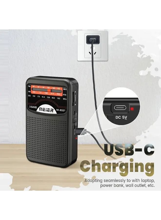 راديو أسود محمول AM/FM مع شحن USB وبطارية قابلة لإعادة الشحن ومقسم سماعات الرأس - Image 4